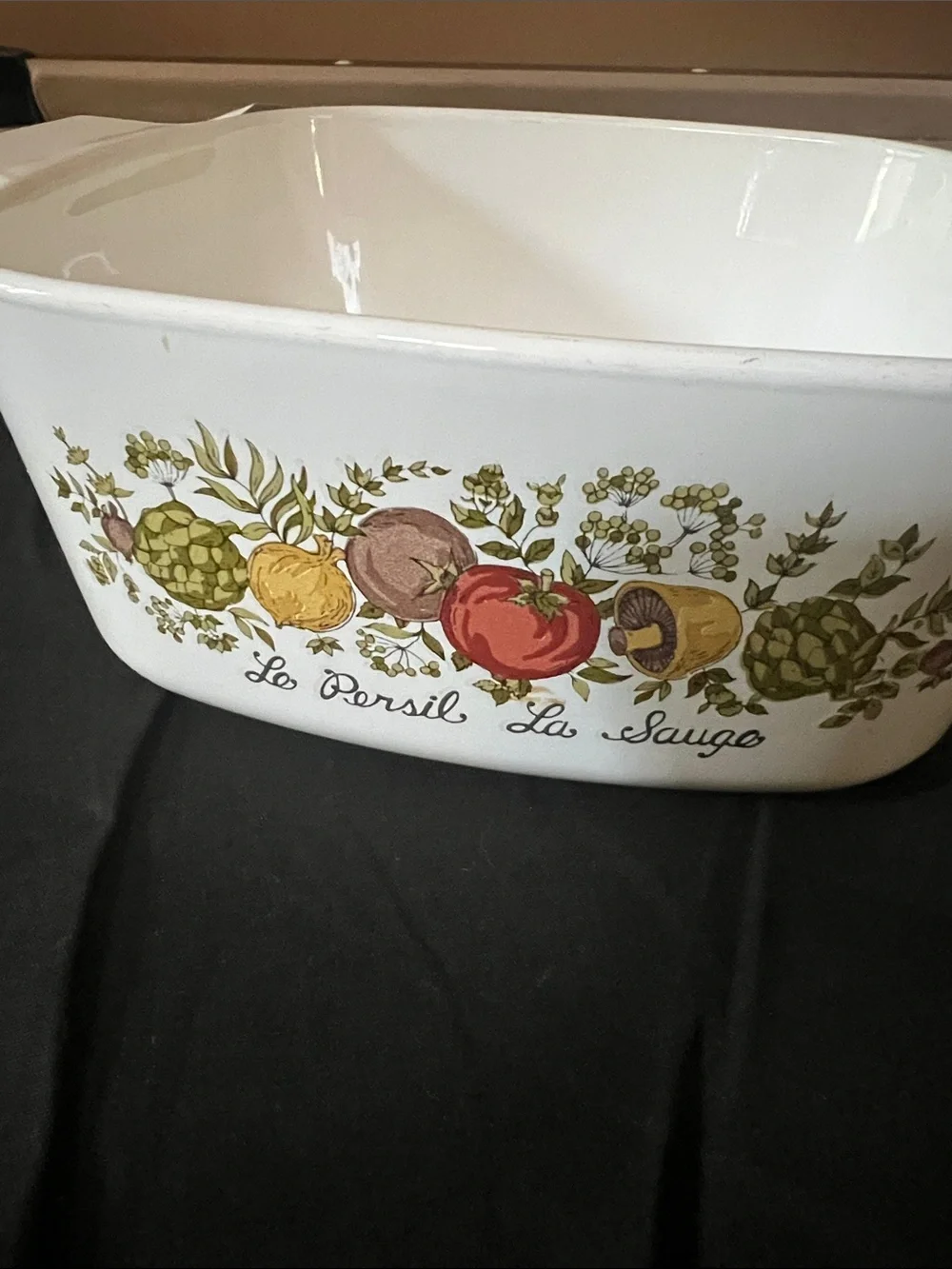 Vintage White Ceramic Baking Dish with Herb & Vegetable Motif - White